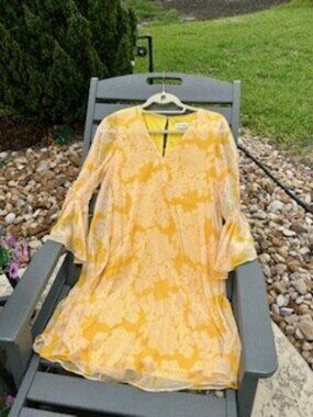 Calvin Klein Yellow Lace Overlay Bell Sleeve Dress Size 6